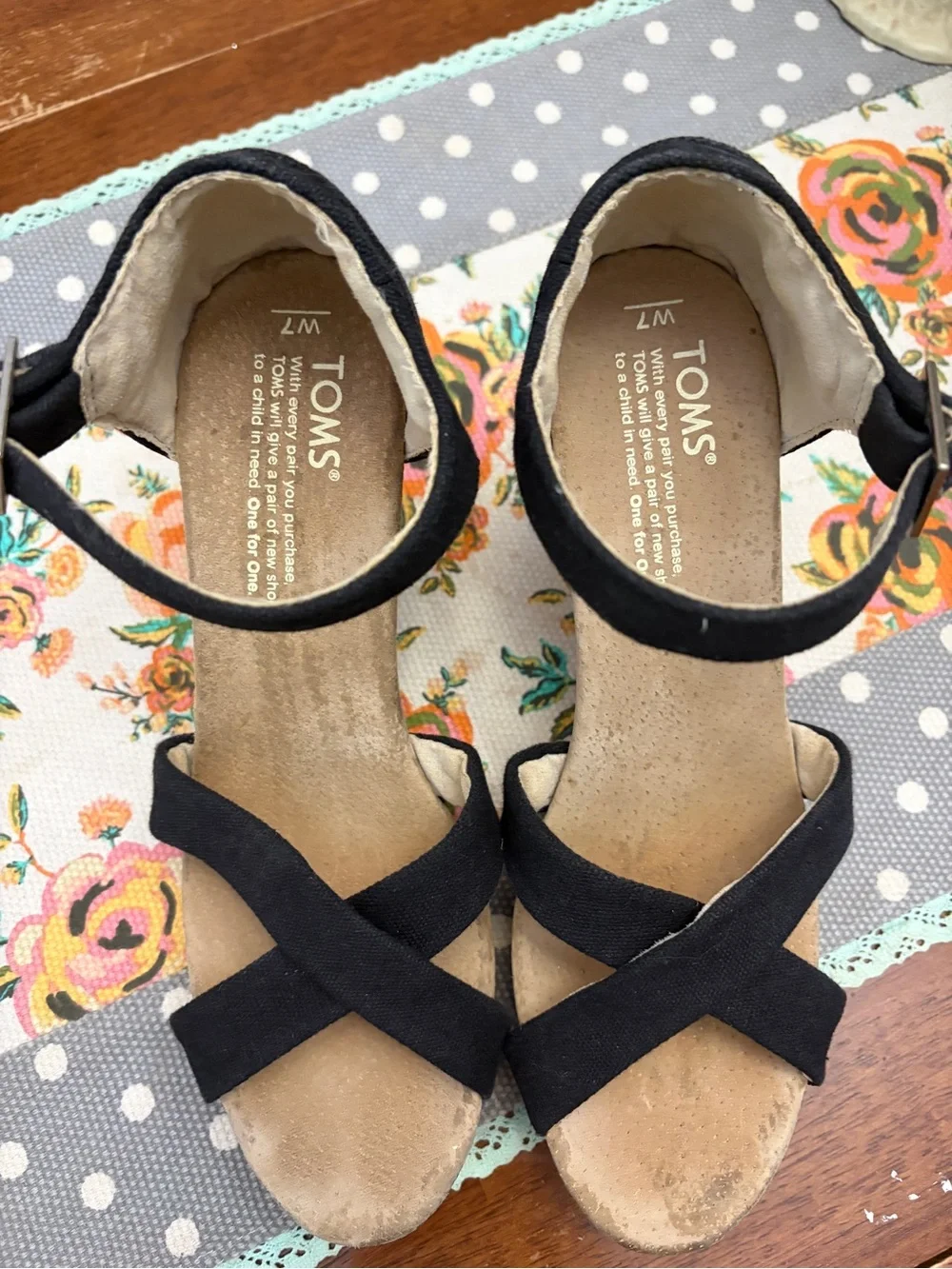 TOMS Black Cork Wedge Sandals with Ankle Strap